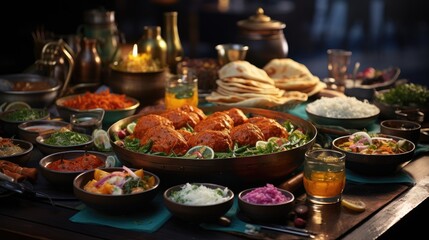 Obraz premium food spread on table including curry samosa biryani dal paneer chapatti naan tikka masala mango 