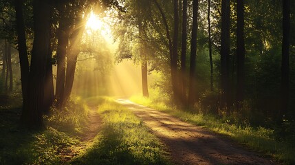Fototapeta premium Sunrise through trees in forest with dirt path leading through