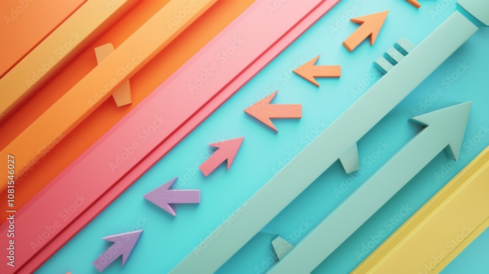 Poster An abstract representation of equitable progress, depicting a series of differently sized and colored arrows moving together towards a common goal
