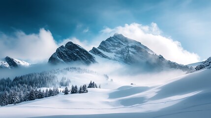 Obraz premium Snowy mountain peak with clouds and blue sky background for winter nature backdrop or wallpaper