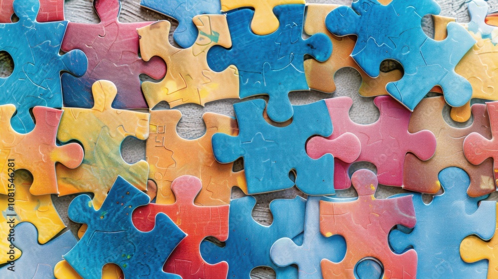 Aufkleber an abstract representation of equity in action, depicting a series of diverse-sized puzzle pieces fi