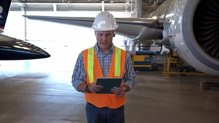 Aircraft engineer in a hangar uses a tablet for maintenance checks, ensuring safety and operational readiness of the jet engine and aircraft systems.