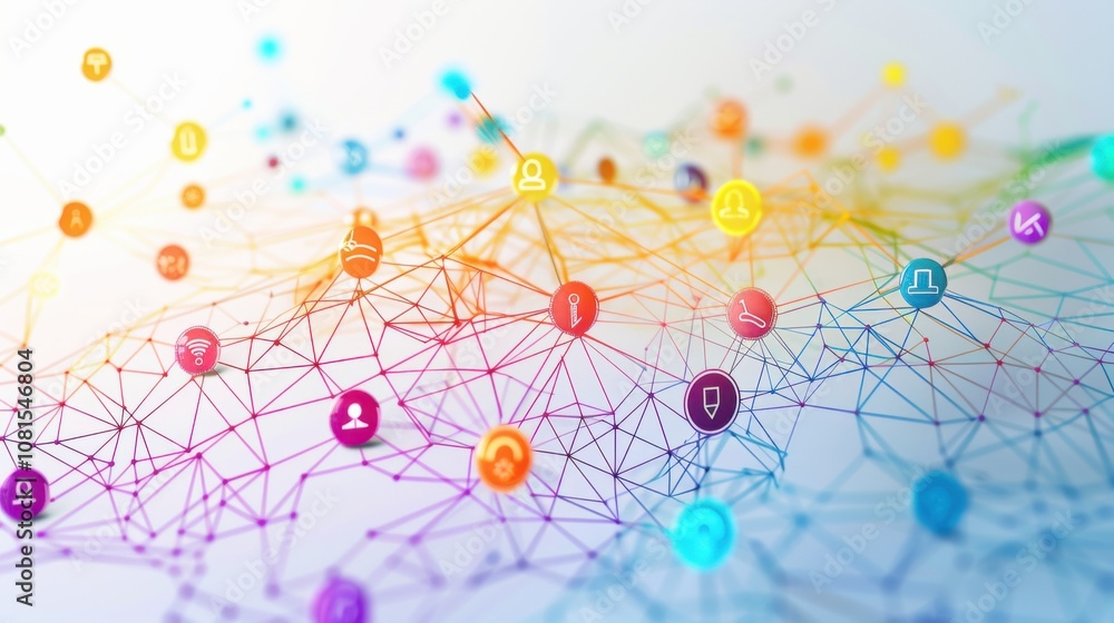Fototapete An abstract representation of interconnectedness, showing a network of colorful lines connecting diverse symbols and icons, Illustrating the interconnected nature of different social aspects