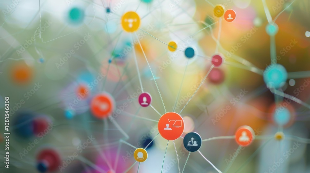 Poster An abstract representation of interconnectedness, showing a network of colorful lines connecting diverse symbols and icons, Illustrating the interconnected nature of different social aspects