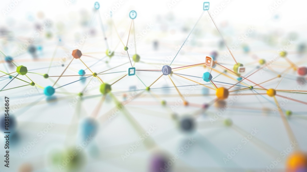 Poster An abstract representation of interconnectedness, showing a network of colorful lines connecting diverse symbols and icons, Illustrating the interconnected nature of different social aspects