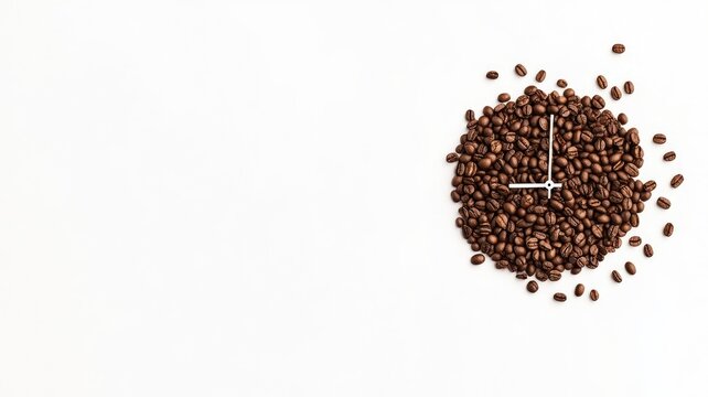 Coffee beans arranged as clock on white background