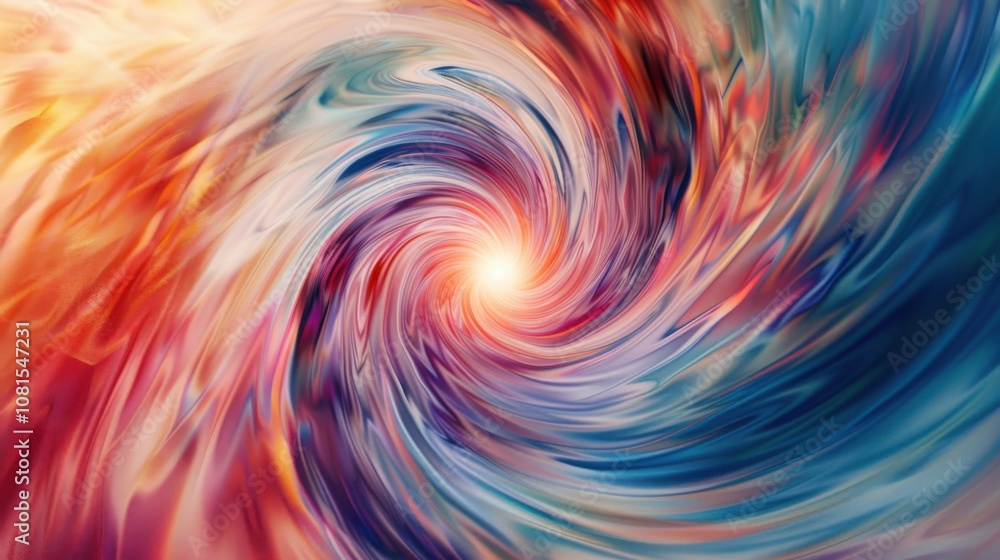 Poster An abstract swirl of colors and patterns blending seamlessly into a central bright spot, Representing the integration of diverse perspectives into a unified vision, minimalist style