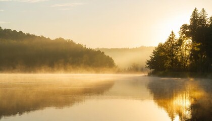 Misty Morning on a Tranquil Lake With Rolling Fog Hovering Over the Water and a Distant Forest Just Visible Through the Hazy Light of Dawn
