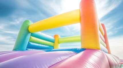 A colorful inflatable obstacle course with rainbow colored poles