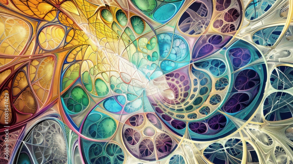Poster An abstract visual of a complex, multi-colored fractal pattern emerging from a single central point, Representing the expansion and richness of perspectives that arise from a unified core of diversity