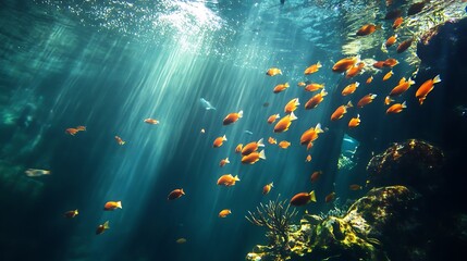 School of orange fish swimming in the underwater with sunlight beams