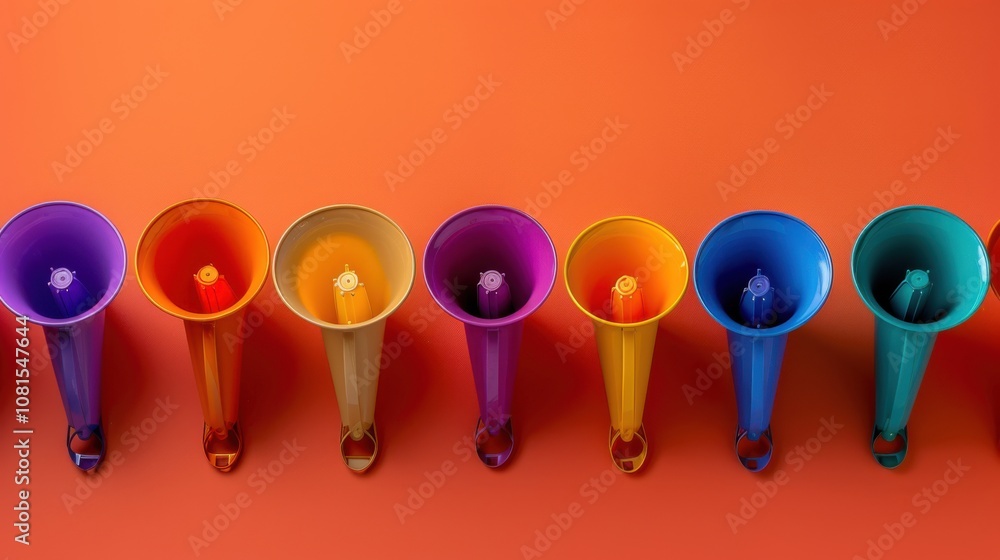 Poster an abstract visual of equal voices, showing a series of diverse, brightly colored megaphones arrange