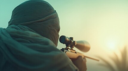 A man in a black hat and scarf is holding a rifle and looking through a scope