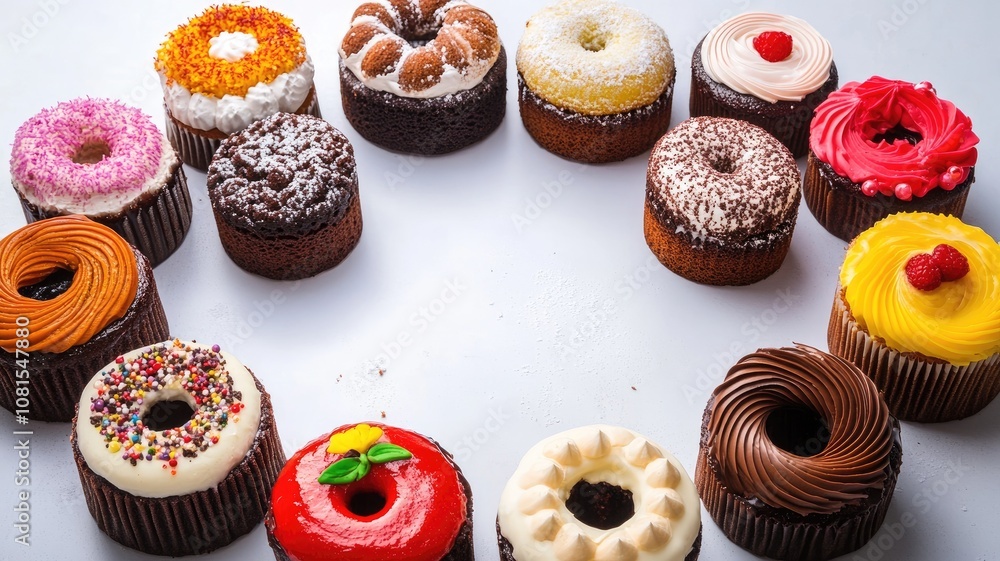 Poster assorted frosted cupcakes arranged in circle on white background