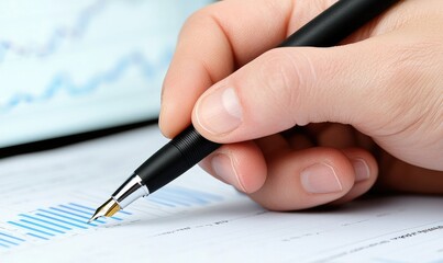 A close-up of a hand holding a pen, analyzing financial data on a document with graphs and statistics.