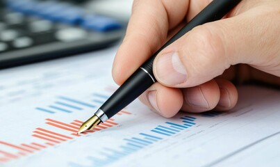 A close-up of a hand holding a pen, analyzing financial graphs on paper, symbolizing investment and market research.