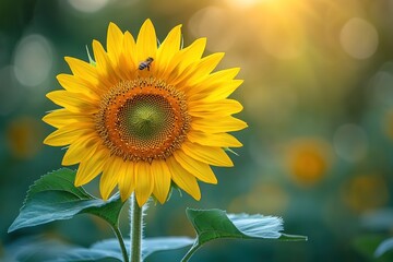 A single sunflower in full bloom with a bee on its petals, bathed in warm sunlight, against a blurred background of other sunflowers.
