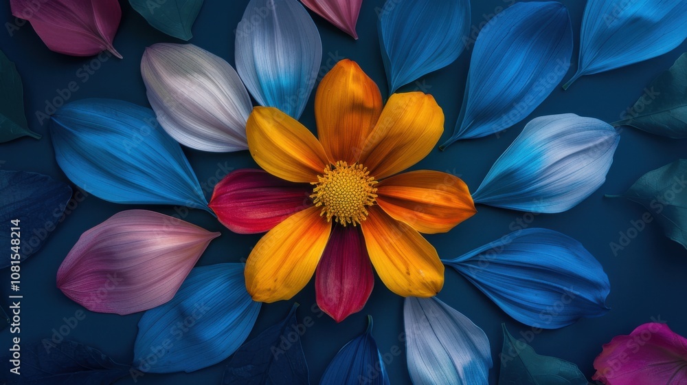 Aufkleber an artistic representation of colorful petals of various shapes forming a unified flower against a s