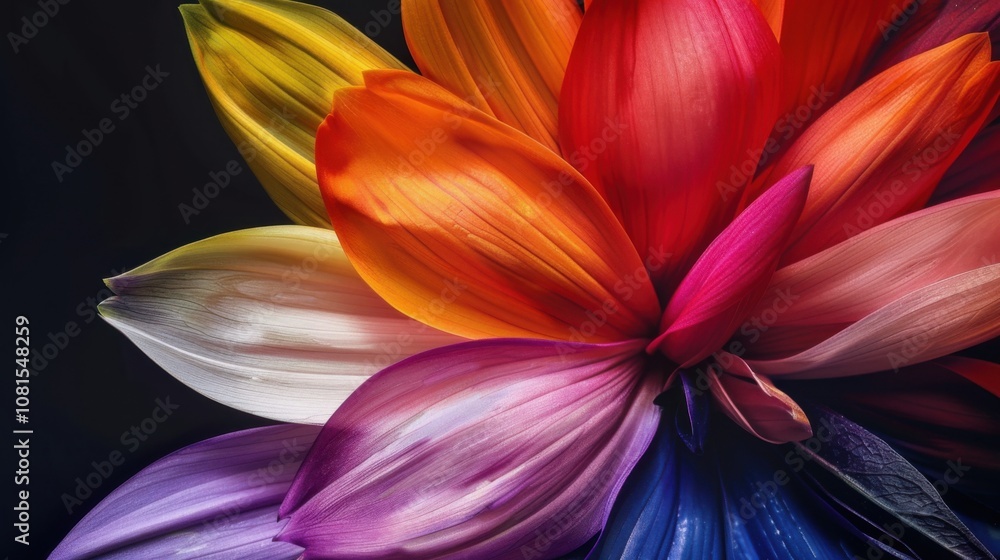 Poster an artistic representation of colorful petals of various shapes forming a unified flower against a s
