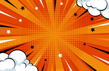 Pop art comic blank background on red with clouds
