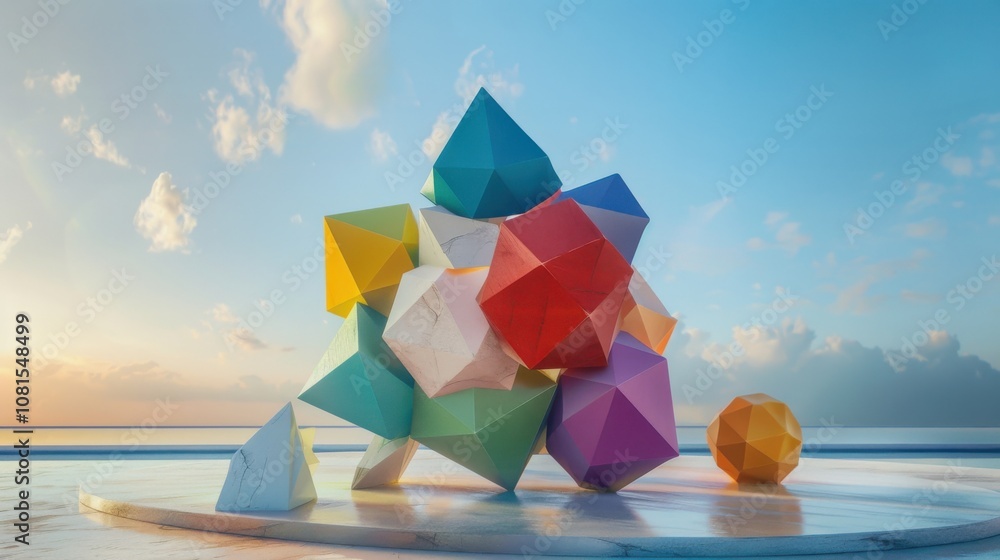 Aufkleber An artistic representation of diverse abstract shapes converging towards a central point on a plain backdrop, Reflecting unity and diversity, photography style