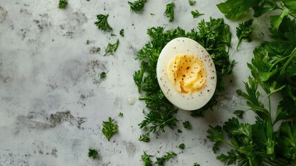 Soft-boiled egg garnished with parsley on marble surface