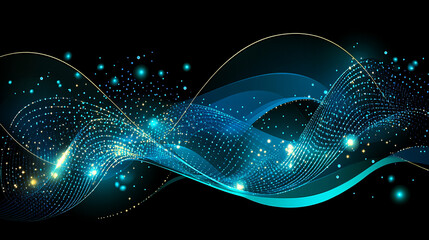 Abstract blue and gold wave with glowing particles on black background.