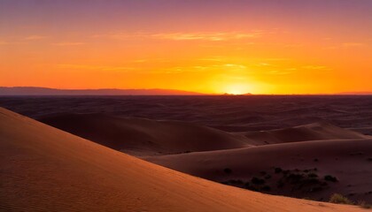 Sunset Over the Vast Desert With Rolling Sand Dunes Glowing Golden Under the Fading Light, While the Sky Transitions From Orange to Deep Purple in the Distance