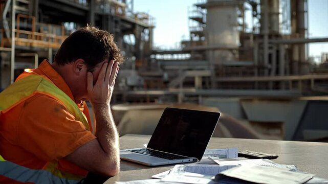 Industrial worker in high-visibility vest at a worksite holds head in hands, showing signs of stress and fatigue while working on a laptop.