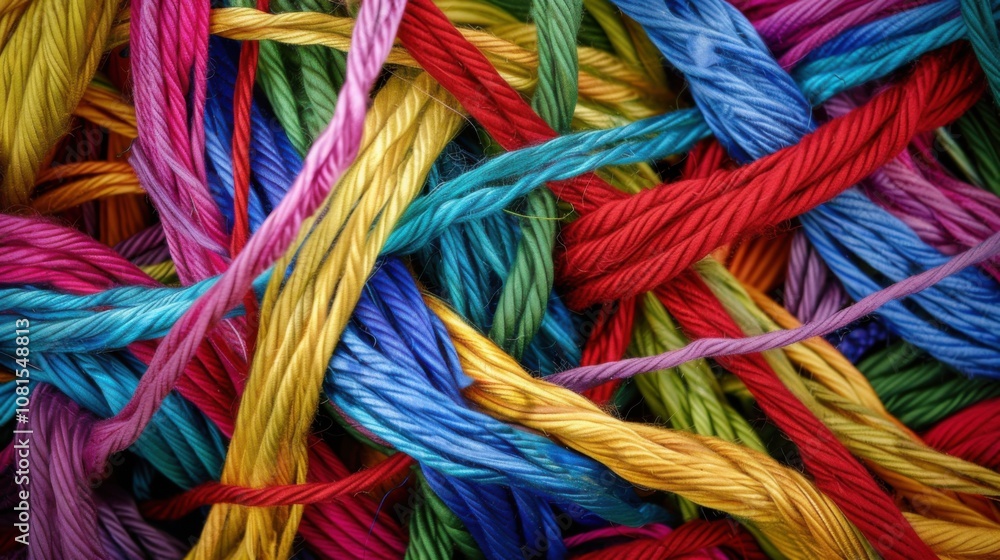 Poster an artistic representation of diverse colored threads intertwining into a cohesive fabric against a 