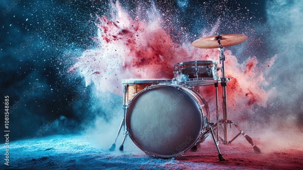 Poster drum set with captivating color explosion in background
