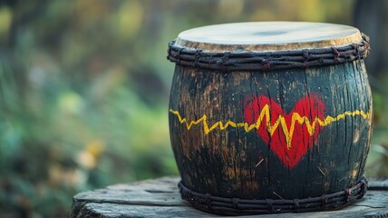 Fototapeta premium Wooden drum with painted heart and sound wave design, placed outdoors