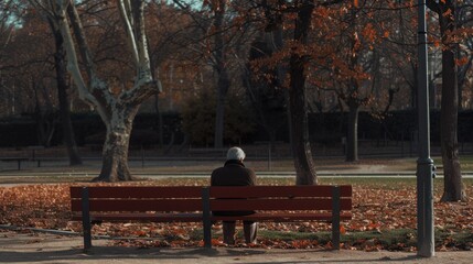 An elderly person sitting alone on a park bench symbolizing social isolation among the elderly, Reflecting the loneliness and neglect faced by senior citizens, minimalistic style