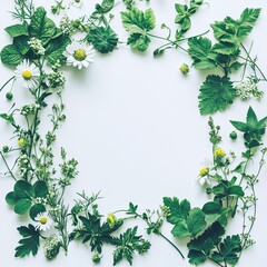 Fototapeta premium Fresh Greenery and White Blossoms Framing a Clean White Background, Ideal for Nature-Themed Designs and Backgrounds