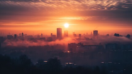 Sunrise over city skyline with fog in the background