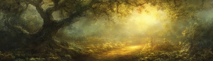 A serene forest scene illuminated by soft light, inviting tranquility and reflection.