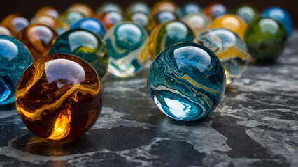 Closeup of glass marbles on table