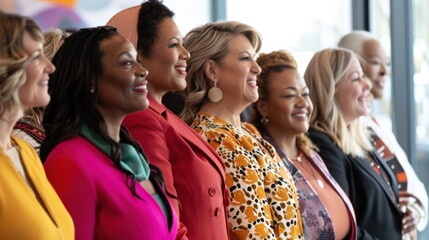 An empowering image of a diverse group of women leaders gathered for a conference, Empowering women in leadership, photography style