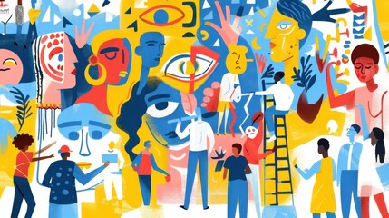 An evocative depiction of a diverse group of people painting a large mural together, with each section representing different aspects of their cultures