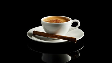 White cup of coffee with cinnamon stick on saucer against black background
