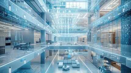 Modern office interior with futuristic technology, data, and digital elements overlayed.