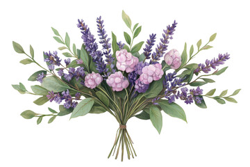 Beautiful bouquet of purple flowers and greenery. transparent background