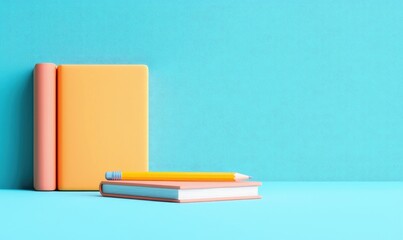 Fototapeta premium A vibrant display of colorful books and a pencil against a soft blue background, perfect for educational and creative themes.