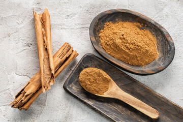 Ground Cinnamon Sticks Wooden Bowl Rustic Background