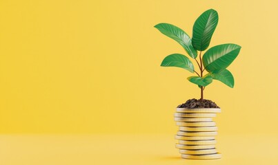 A vibrant green plant emerges from a stack of coins, symbolizing growth and investment on a bright yellow background.