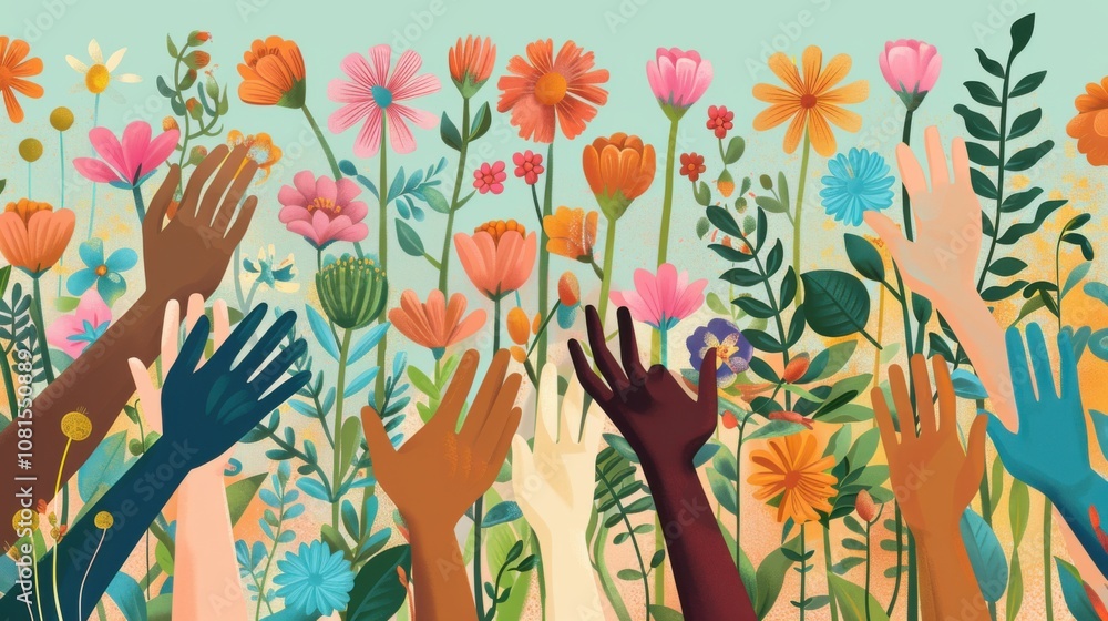 Poster an evocative depiction of an array of diverse hands planting different colored flowers in a communal