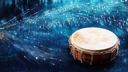 Hand drum on starry night background with light trails