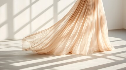 Close-up of woman by a large window, soft light casting gentle shadows on her flowing beige dress, creating a serene and elegant mood, selective focus, Calm beauty, Graceful style