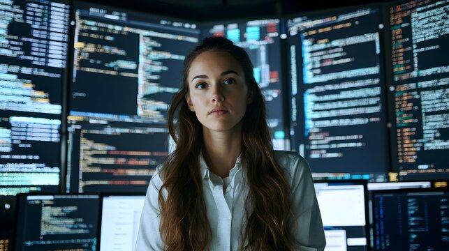 Portrait of focused female programmer holding laptop computer in a high-tech monitoring room surrounded by multiple large screens displaying lines of programming language code and data analytics. - Powered by Adobe