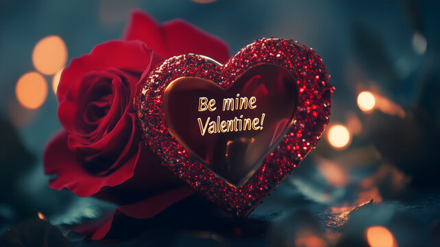 Be mine Valentine. Heart with precious border and a rose. Valentine card, beautiful holiday poster, design for celebration. 